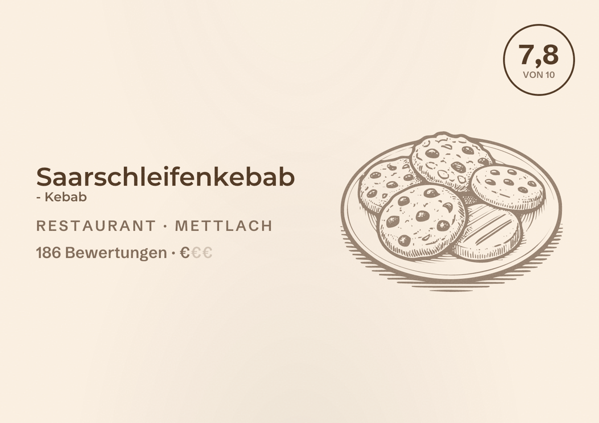 Illustriertes Poster von Saarschleifenkebab - Kebab, Restaurant in Mettlach: Bewertung 7,8 von 10 aus 186 Bewertungen, Preisniveau €