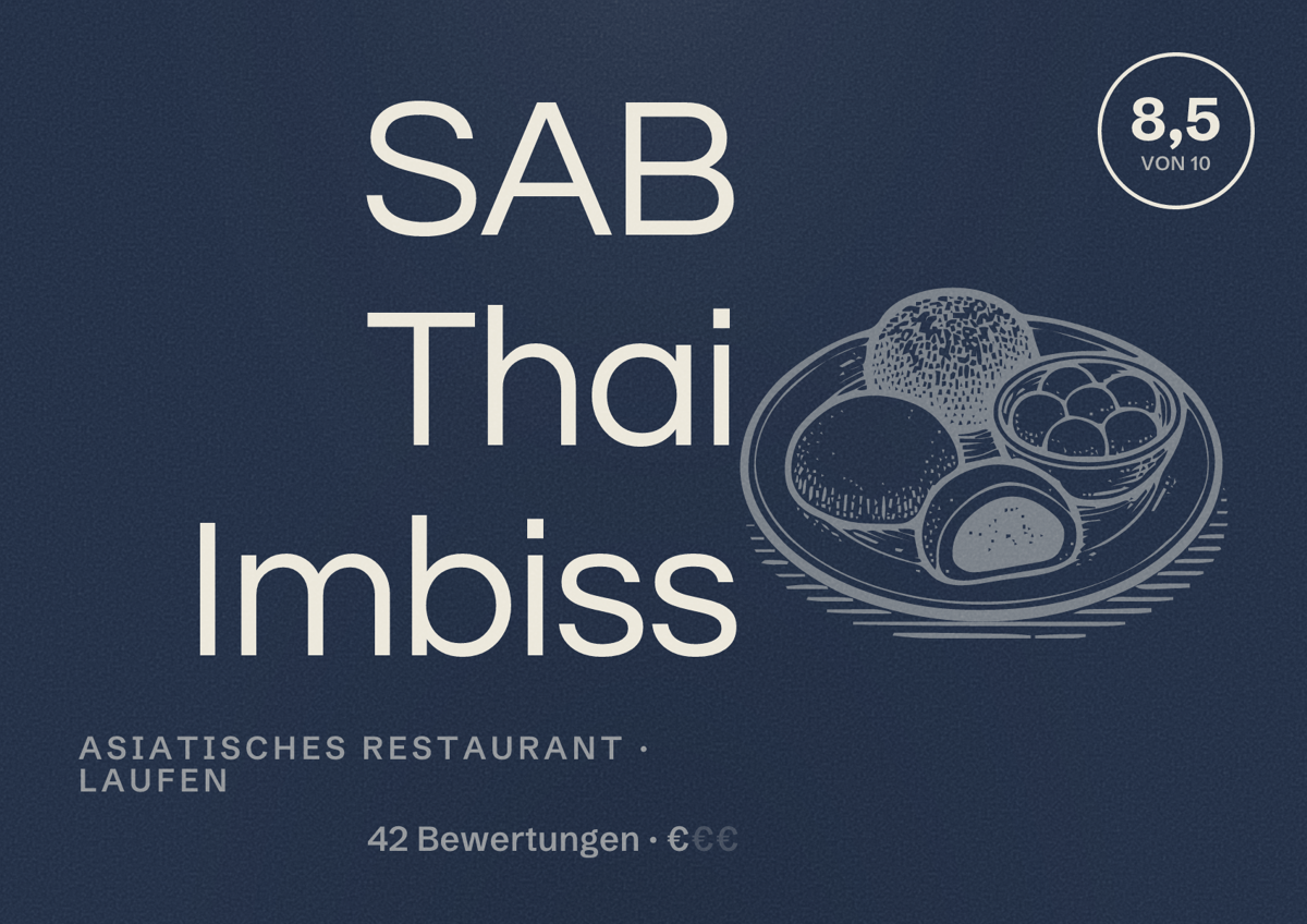 Illustriertes Poster von SAB Thai Imbiss, Asiatisches Restaurant in Laufen: Bewertung 8,5 von 10 aus 42 Bewertungen, Preisniveau €