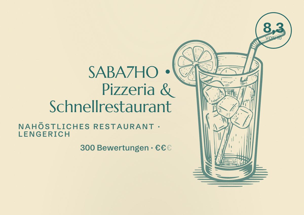 Illustriertes Poster von SABA7HO • Pizzeria & Schnellrestaurant, Nahöstliches Restaurant in Lengerich: Bewertung 8,3 von 10 aus 300 Bewertungen, Preisniveau €€