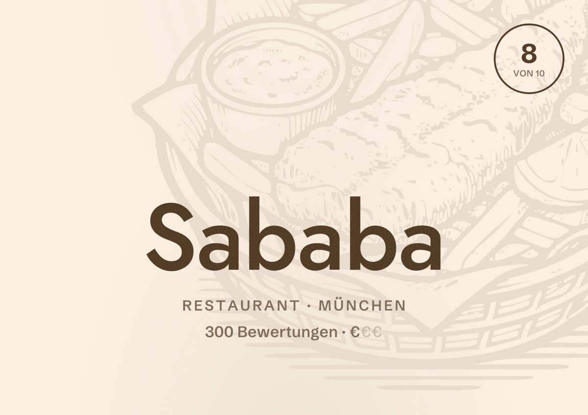 Illustriertes Poster von Sababa, Restaurant in München: Bewertung 8,0 von 10 aus 300 Bewertungen, Preisniveau €