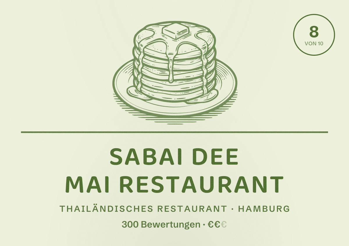 Illustriertes Poster von Sabai Dee Mai Restaurant, Thailändisches Restaurant in Hamburg: Bewertung 8,0 von 10 aus 300 Bewertungen, Preisniveau €€