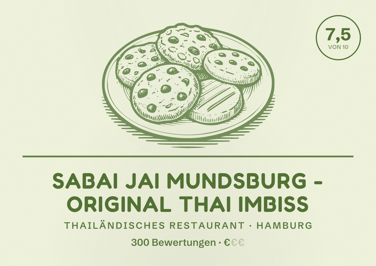 Illustriertes Poster von Sabai Jai Mundsburg - original Thai Imbiss, Thailändisches Restaurant in Hamburg: Bewertung 7,5 von 10 aus 300 Bewertungen, Preisniveau €