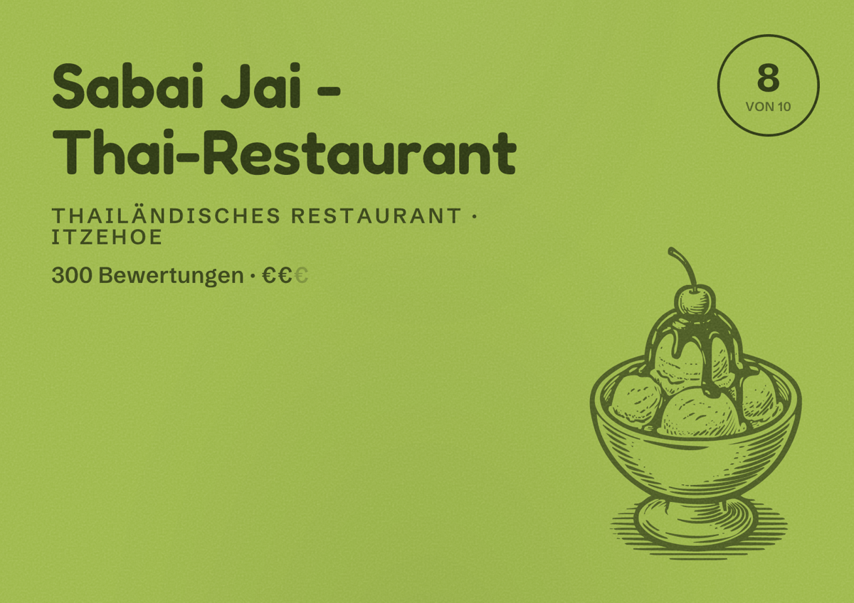 Illustriertes Poster von Sabai Jai - Thai-Restaurant, Thailändisches Restaurant in Itzehoe: Bewertung 8 von 10 aus 300 Bewertungen, Preisniveau €€