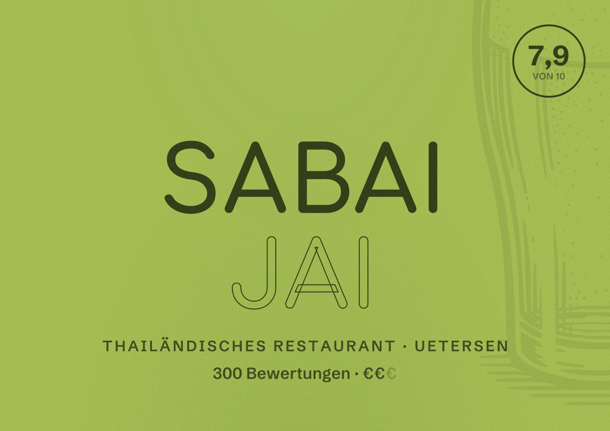 Illustriertes Poster von Sabai jai, Thailändisches Restaurant in Uetersen: Bewertung 7,9 von 10 aus 300 Bewertungen, Preisniveau €€