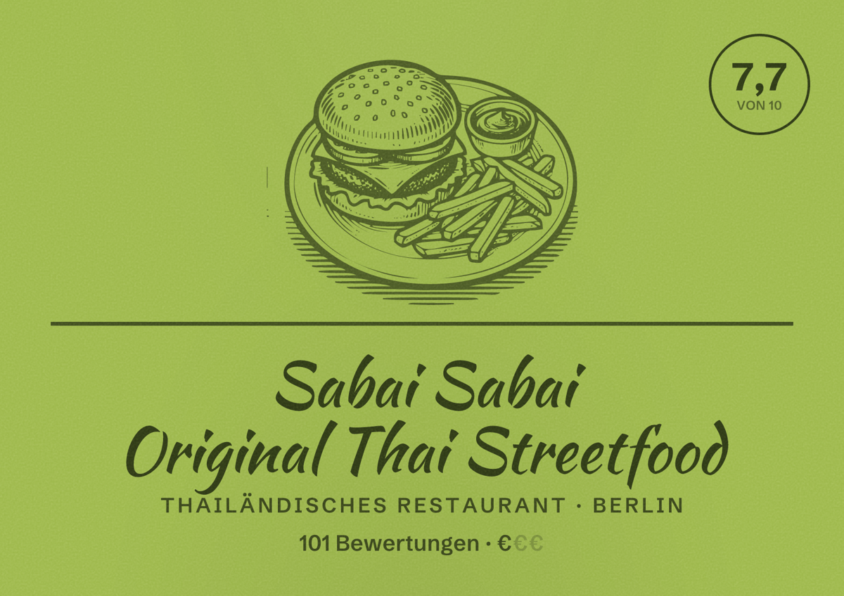 Illustriertes Poster von Sabai Sabai Original Thai Streetfood, Thailändisches Restaurant in Berlin: Bewertung 7,7 von 10 aus 101 Bewertungen, Preisniveau €