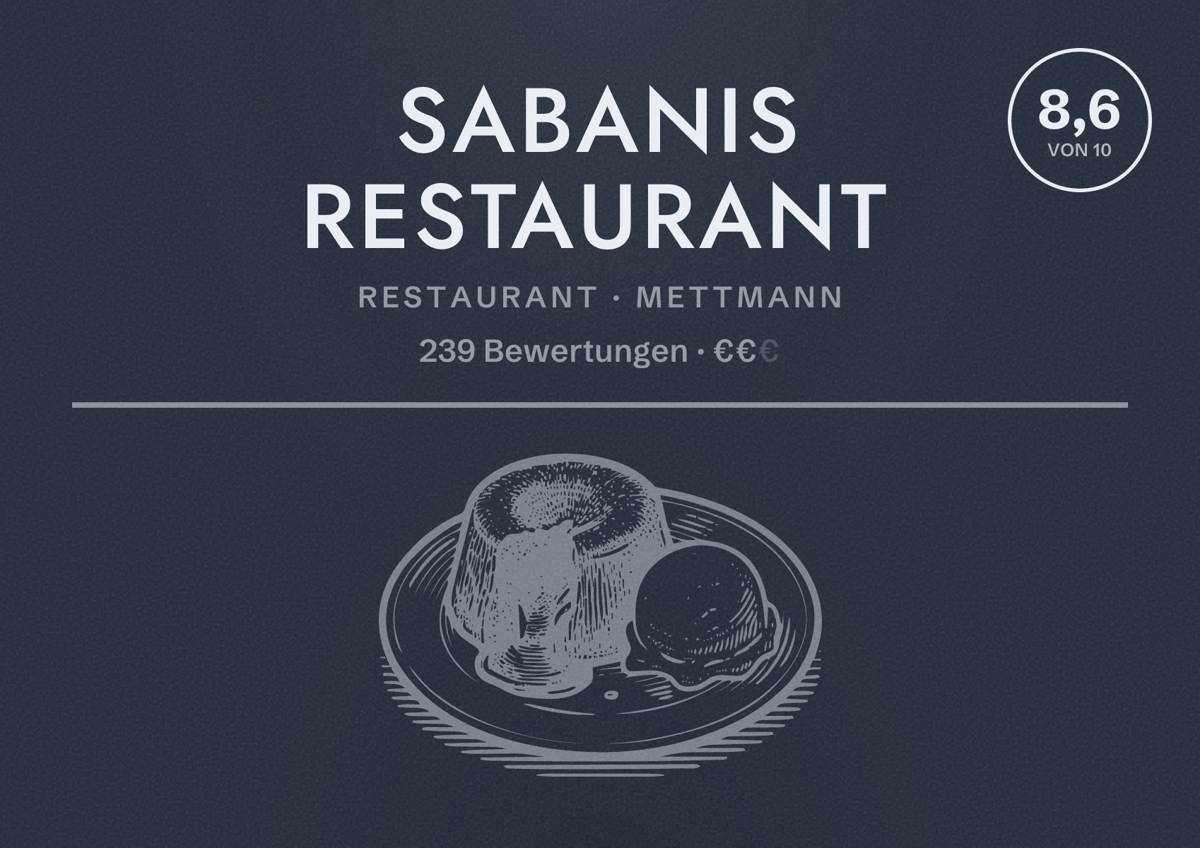 Illustriertes Poster von Sabanis Restaurant, Restaurant in Mettmann: Bewertung 8,6 von 10 aus 239 Bewertungen, Preisniveau €€