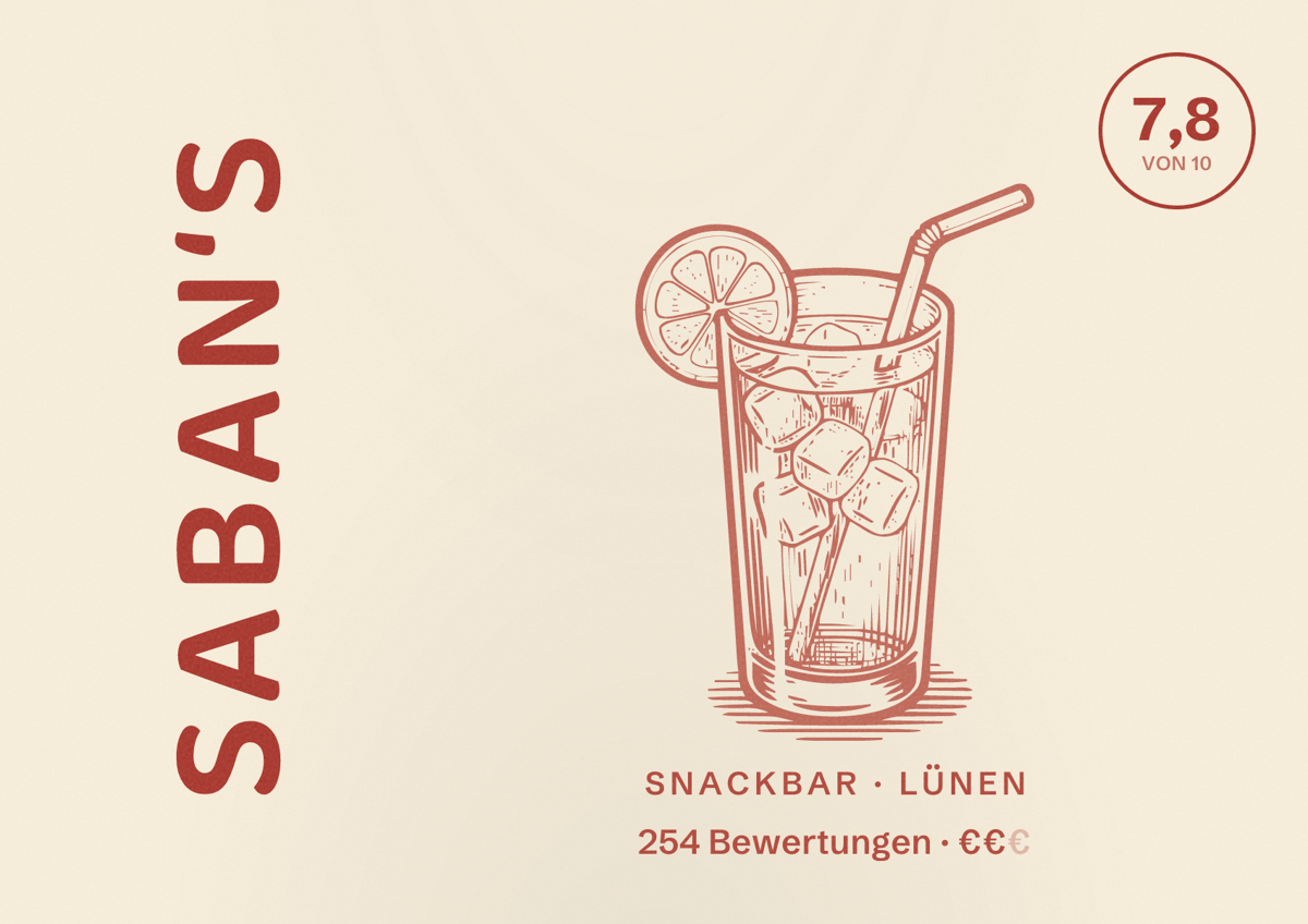Illustriertes Poster von Saban‘s, Snackbar in Lünen: Bewertung 7,8 von 10 aus 254 Bewertungen, Preisniveau €€
