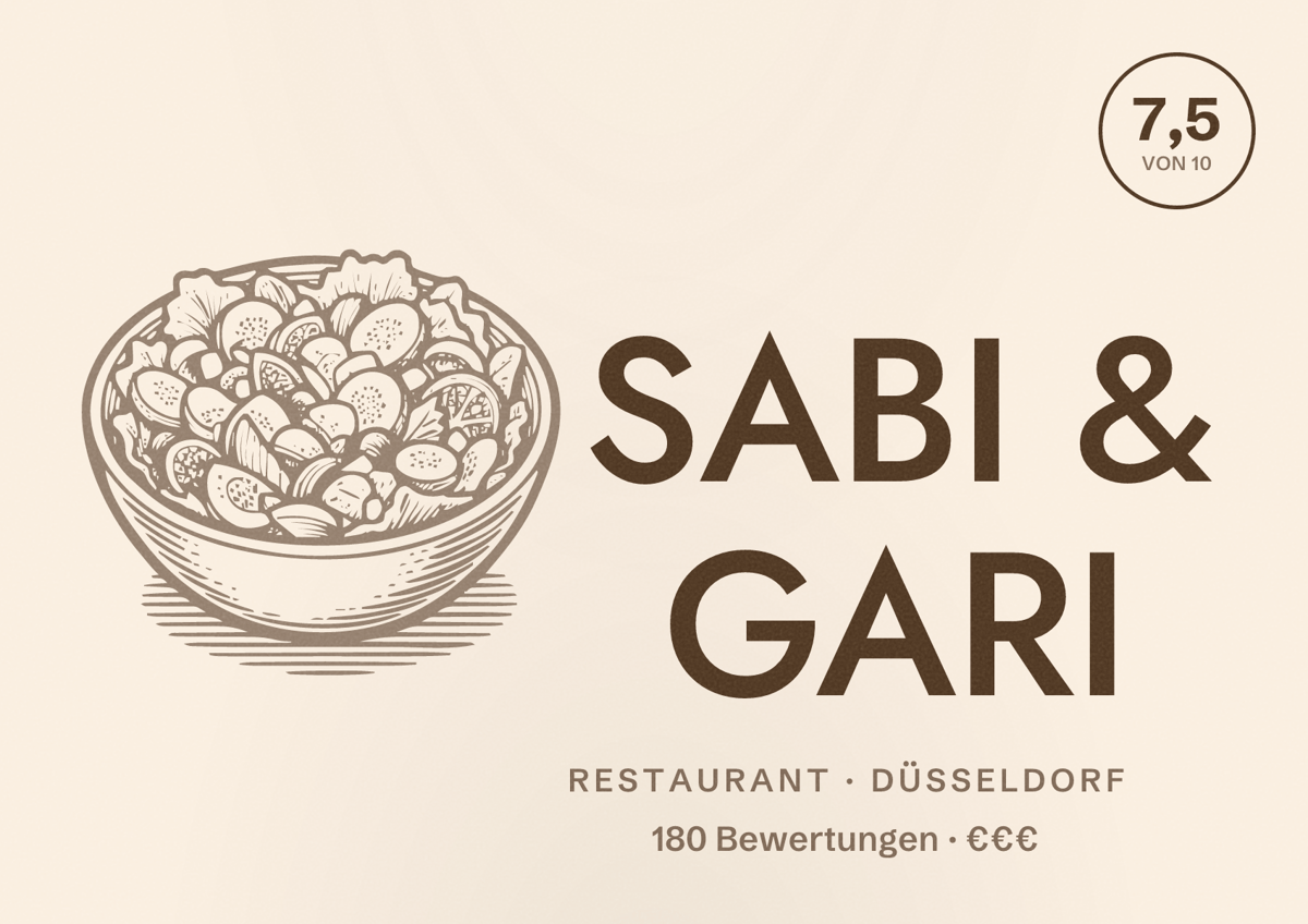Illustriertes Poster von SABI & GARI, Restaurant in Düsseldorf: Bewertung 7,5 von 10 aus 180 Bewertungen, Preisniveau €€€