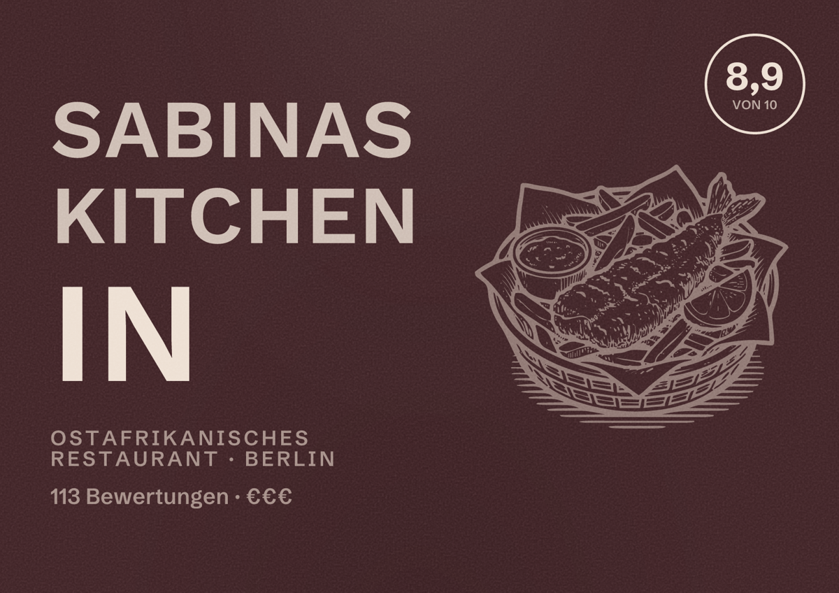 Illustriertes Poster von Sabinas kitchen in, Ostafrikanisches Restaurant in Berlin: Bewertung 8,9 von 10 aus 113 Bewertungen, Preisniveau €€€
