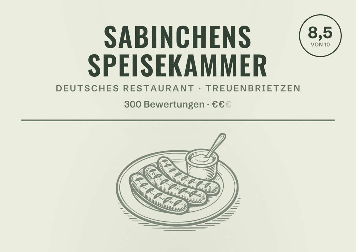 Illustriertes Poster von Sabinchens Speisekammer, Deutsches Restaurant in Treuenbrietzen: Bewertung 8,5 von 10 aus 300 Bewertungen, Preisniveau €€