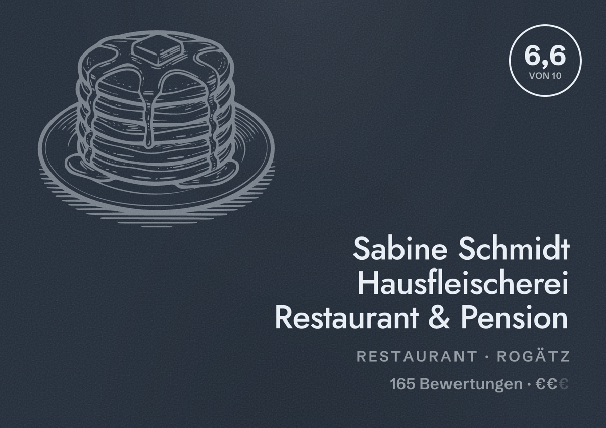 Illustriertes Poster von Sabine Schmidt Hausfleischerei Restaurant & Pension, Restaurant in Rogätz: Bewertung 6,6 von 10 aus 165 Bewertungen, Preisniveau €€