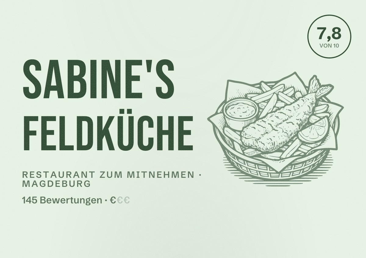 Illustriertes Poster von Sabine's Feldküche, Restaurant zum Mitnehmen in Magdeburg: Bewertung 7,8 von 10 aus 145 Bewertungen, Preisniveau €