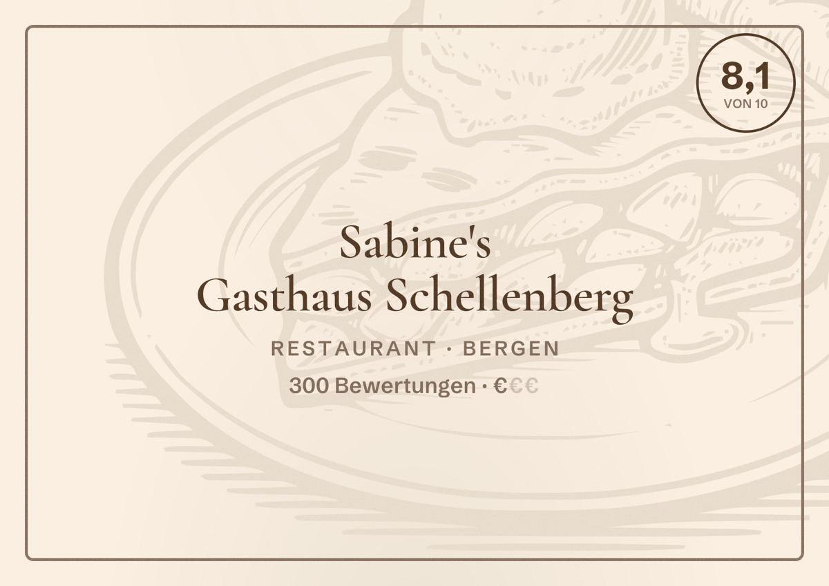 Illustriertes Poster von Sabine's Gasthaus Schellenberg, Restaurant in Bergen: Bewertung 8,1 von 10 aus 300 Bewertungen, Preisniveau €