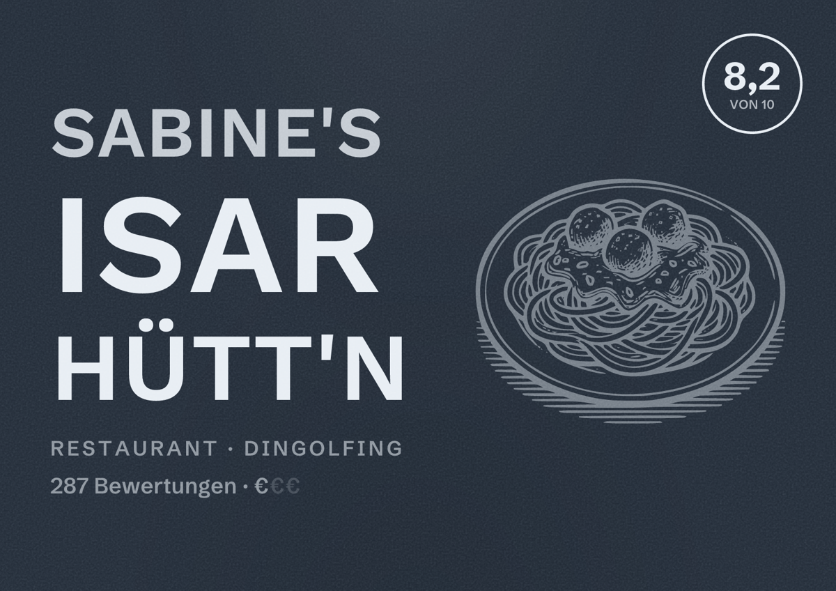 Illustriertes Poster von Sabine's Isar Hütt'n, Restaurant in Dingolfing: Bewertung 8,2 von 10 aus 287 Bewertungen, Preisniveau €