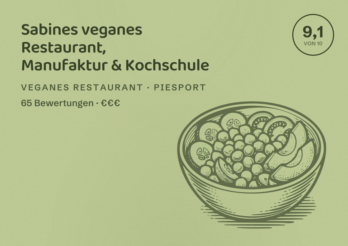 Illustriertes Poster von Sabines veganes Restaurant, Manufaktur & Kochschule, Veganes Restaurant in Piesport: Bewertung 9,1 von 10 aus 65 Bewertungen, Preisniveau €€€