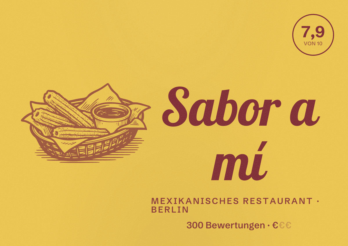 Illustriertes Poster von Sabor a mí, Mexikanisches Restaurant in Berlin: Bewertung 7,9 von 10 aus 300 Bewertungen, Preisniveau €