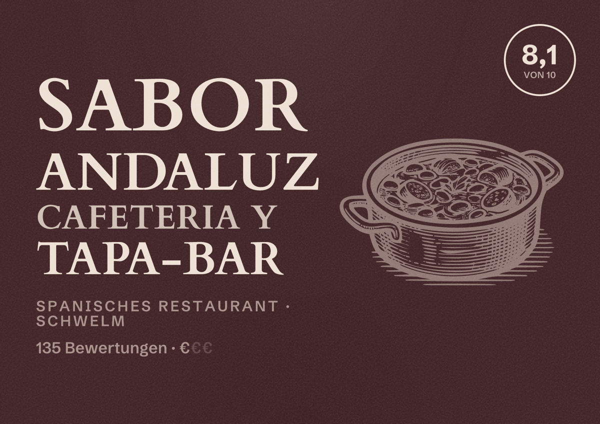 Illustriertes Poster von Sabor Andaluz Cafeteria y Tapa-Bar, Spanisches Restaurant in Schwelm: Bewertung 8,1 von 10 aus 135 Bewertungen, Preisniveau €