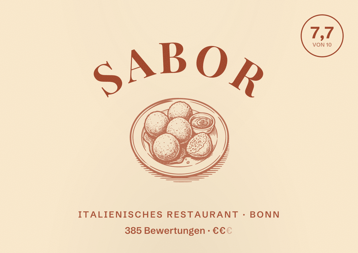 Illustriertes Poster von Sabor, Italienisches Restaurant in Bonn: Bewertung 7,7 von 10 aus 385 Bewertungen, Preisniveau €€