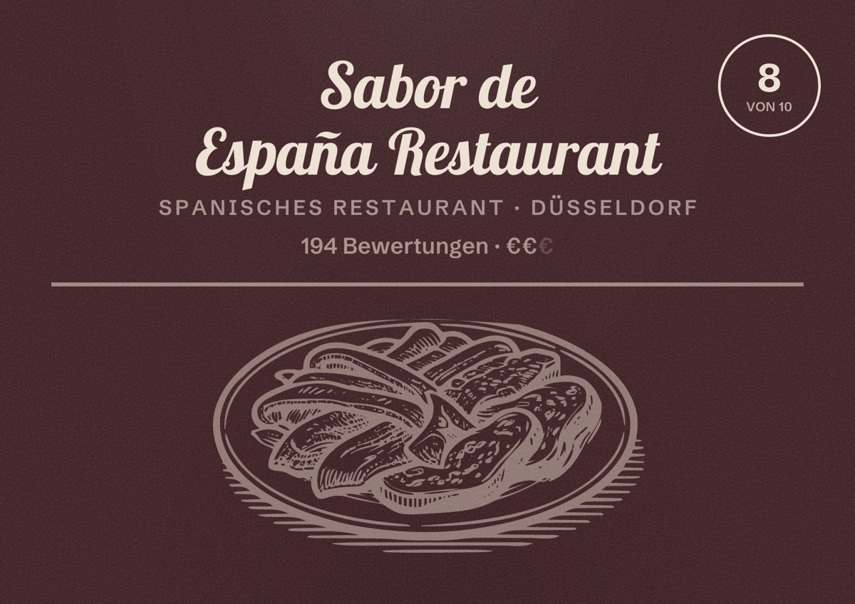 Illustriertes Poster von Sabor de España Restaurant, Spanisches Restaurant in Düsseldorf: Bewertung 8,0 von 10 aus 194 Bewertungen, Preisniveau €€