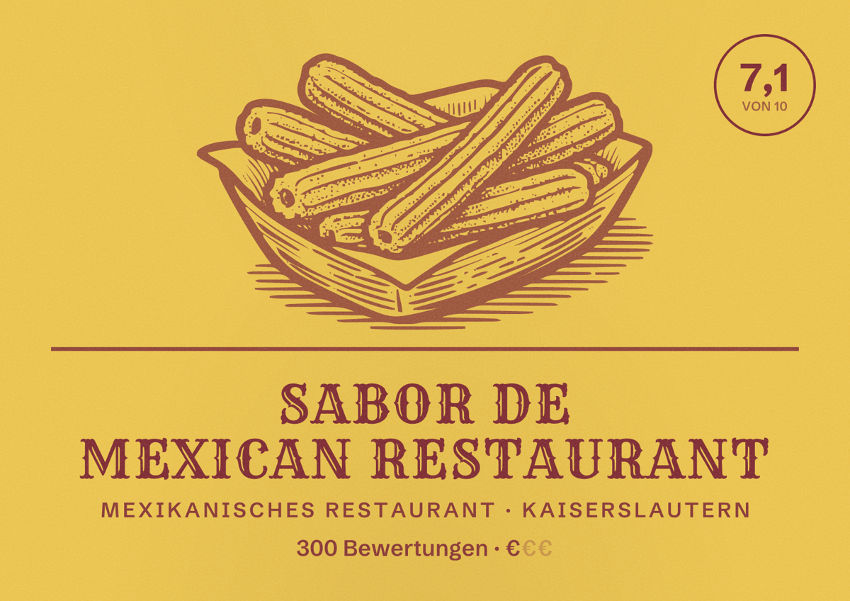 Illustriertes Poster von Sabor de Mexican Restaurant, Mexikanisches Restaurant in Kaiserslautern: Bewertung 7,1 von 10 aus 300 Bewertungen, Preisniveau €
