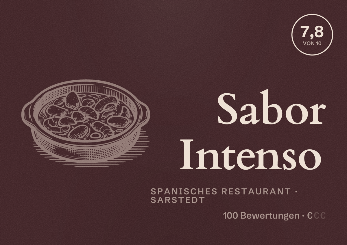 Illustriertes Poster von Sabor Intenso, Spanisches Restaurant in Sarstedt: Bewertung 7,8 von 10 aus 100 Bewertungen, Preisniveau €