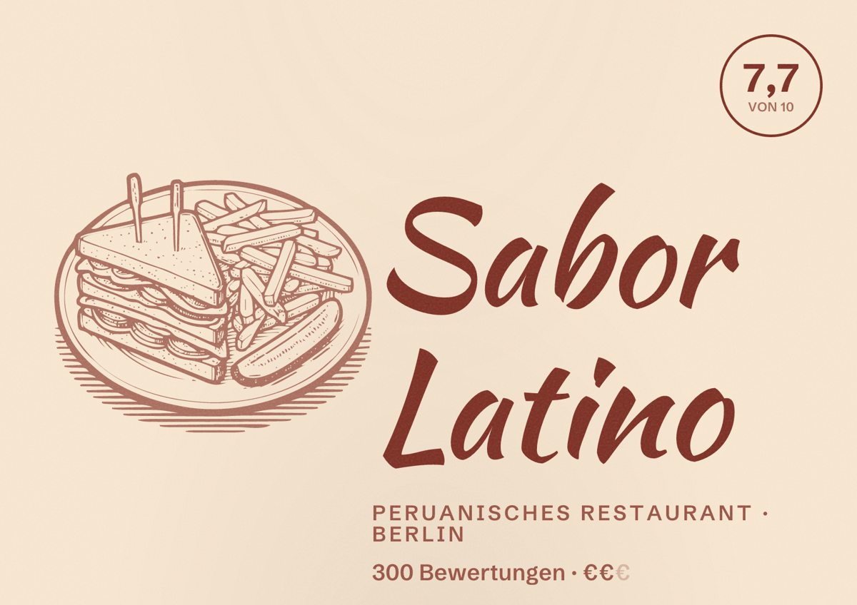 Illustriertes Poster von Sabor Latino, Peruanisches Restaurant in Berlin: Bewertung 7,7 von 10 aus 300 Bewertungen, Preisniveau €€