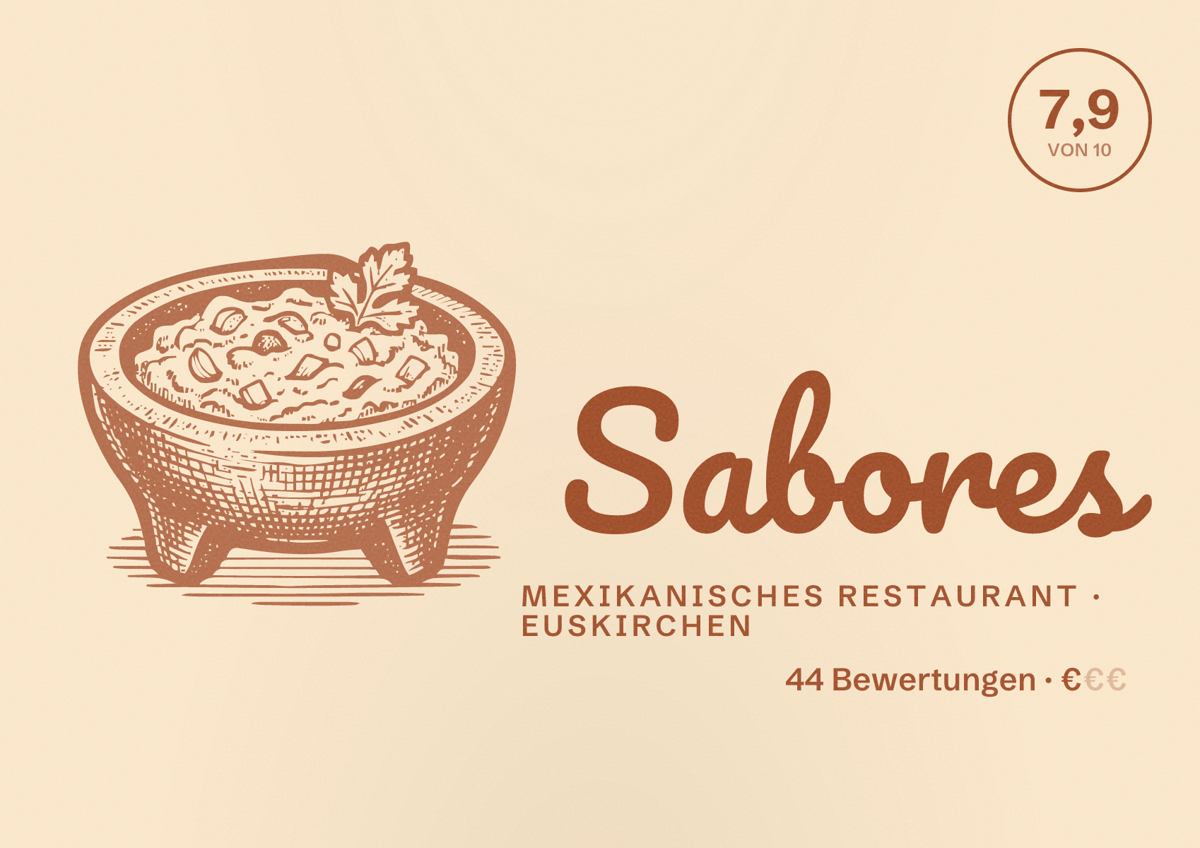 Illustriertes Poster von Sabores, Mexikanisches Restaurant in Euskirchen: Bewertung 7,9 von 10 aus 44 Bewertungen, Preisniveau €