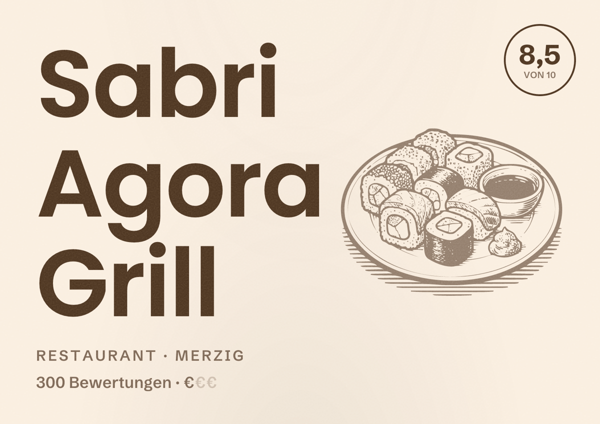 Illustriertes Poster von Sabri Agora Grill, Restaurant in Merzig: Bewertung 8,5 von 10 aus 300 Bewertungen, Preisniveau €