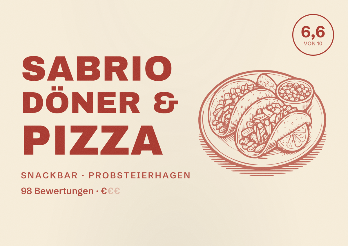 Illustriertes Poster von SABRIO DÖNER & PIZZA, Snackbar in Probsteierhagen: Bewertung 6,6 von 10 aus 98 Bewertungen, Preisniveau €
