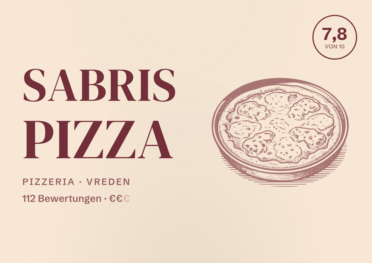 Illustriertes Poster von Sabris Pizza, Pizzeria in Vreden: Bewertung 7,8 von 10 aus 112 Bewertungen, Preisniveau €€