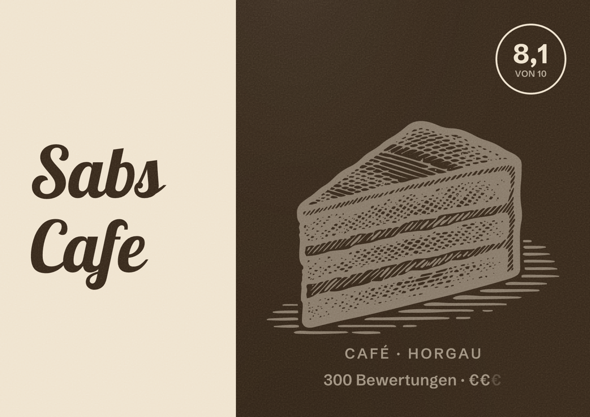Illustriertes Poster von Sabs Cafe, Café in Horgau: Bewertung 8,1 von 10 aus 300 Bewertungen, Preisniveau €€