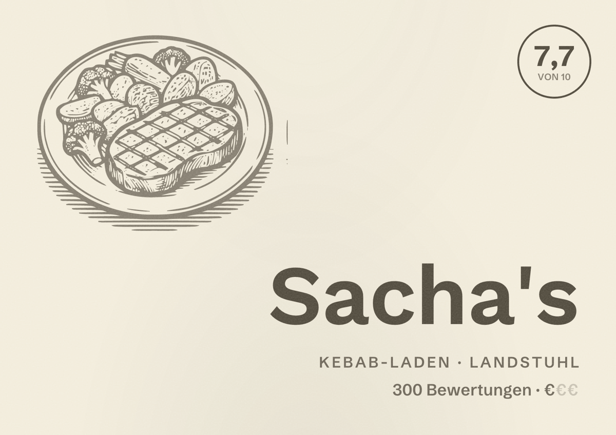 Illustriertes Poster von Sacha's, Kebab-Laden in Landstuhl: Bewertung 7,7 von 10 aus 300 Bewertungen, Preisniveau €