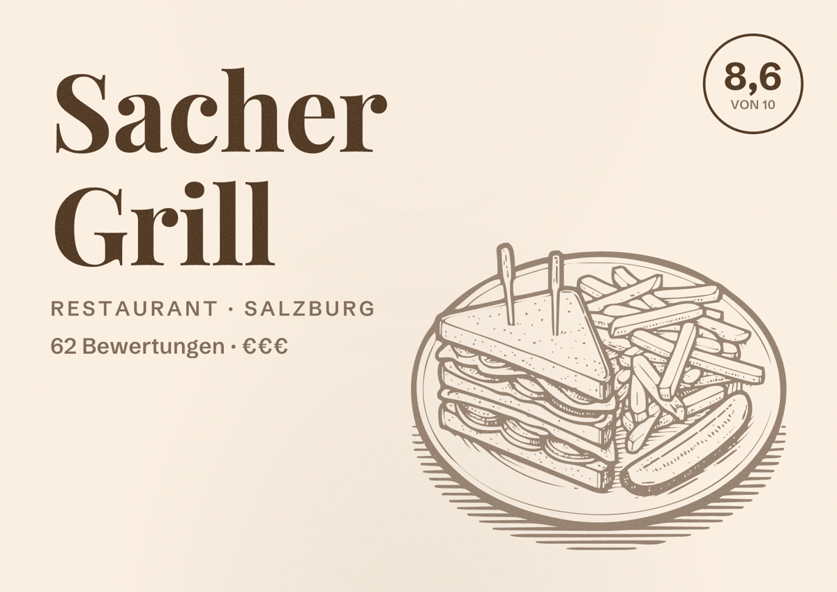 Illustriertes Poster von Sacher Grill, Restaurant in Salzburg: Bewertung 8,6 von 10 aus 62 Bewertungen, Preisniveau €€€