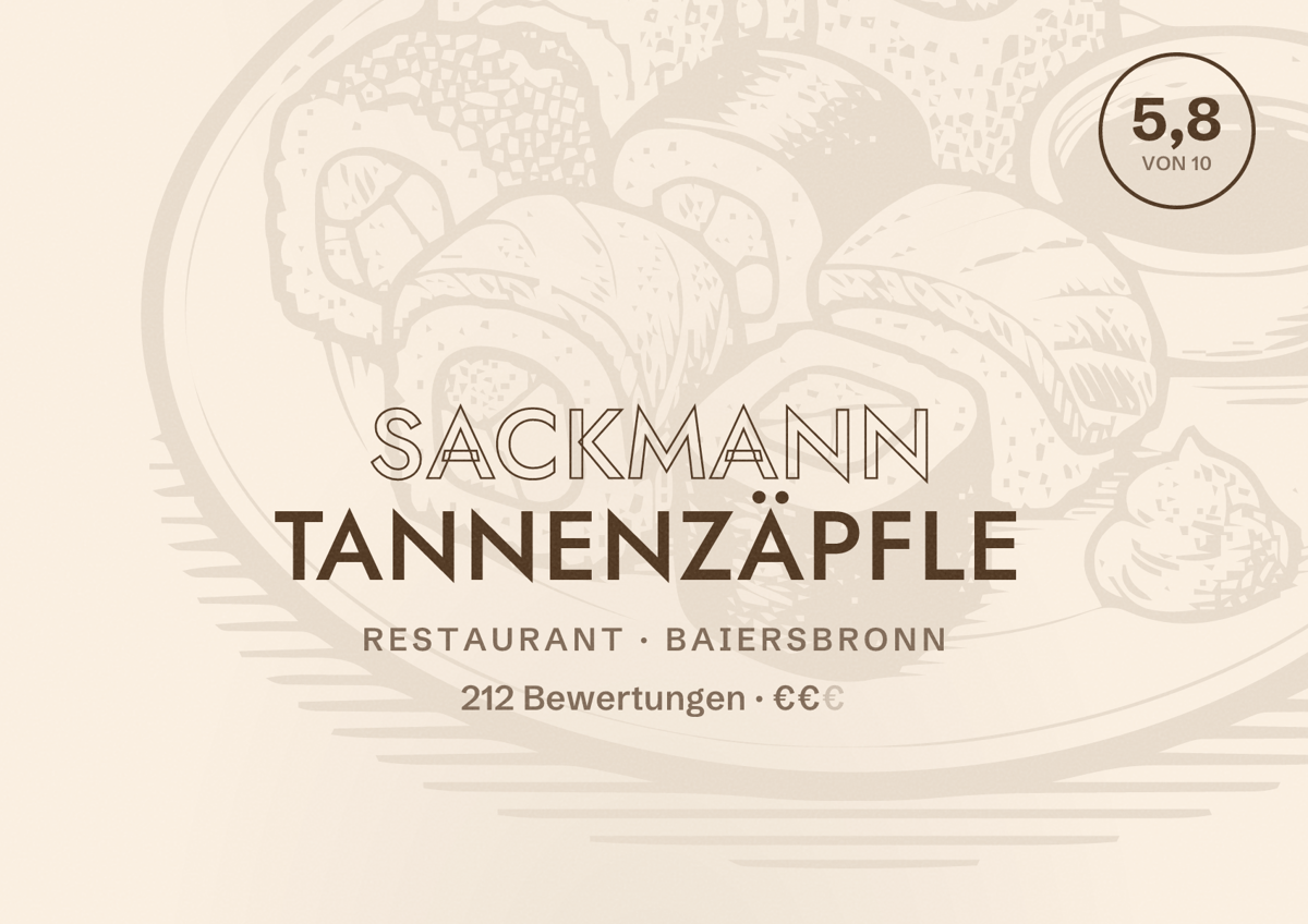 Illustriertes Poster von Sackmann Tannenzäpfle, Restaurant in Baiersbronn: Bewertung 5,8 von 10 aus 212 Bewertungen, Preisniveau €€