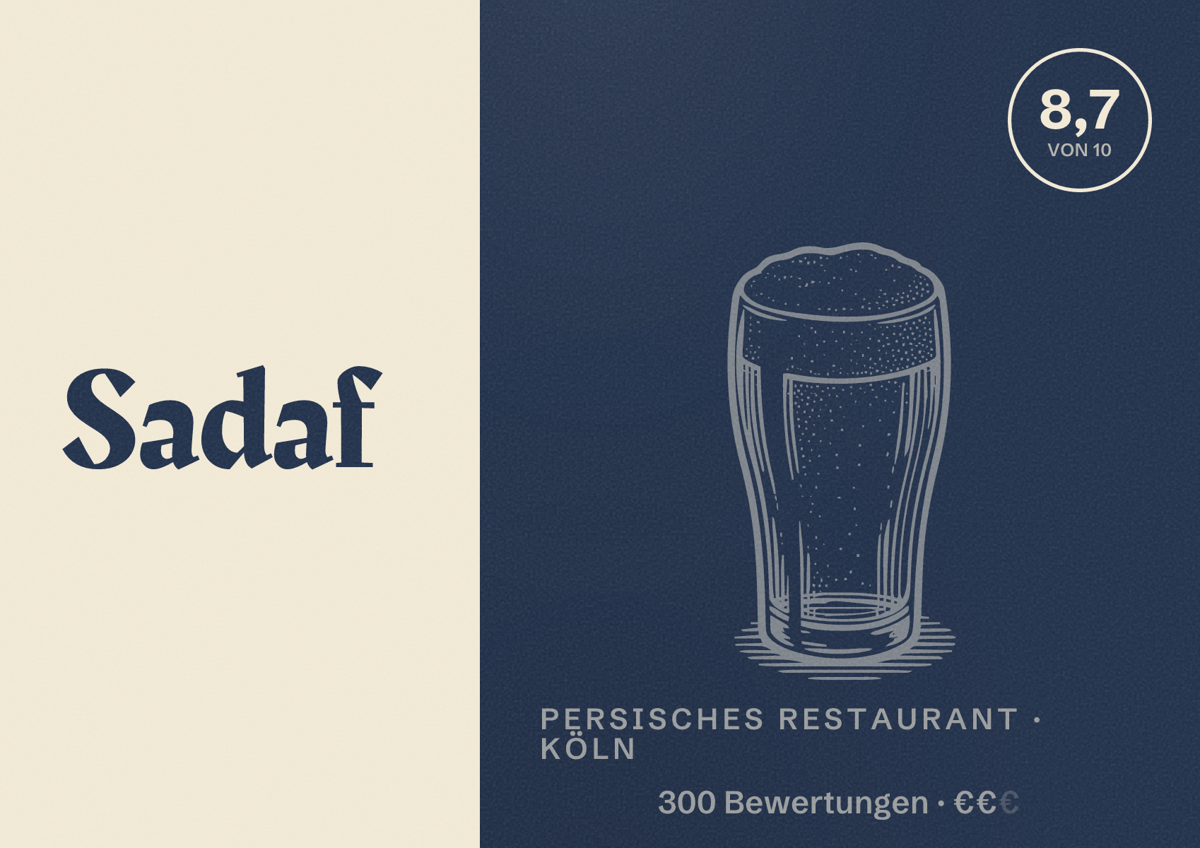 Illustriertes Poster von Sadaf, Persisches Restaurant in Köln: Bewertung 8,7 von 10 aus 300 Bewertungen, Preisniveau €€