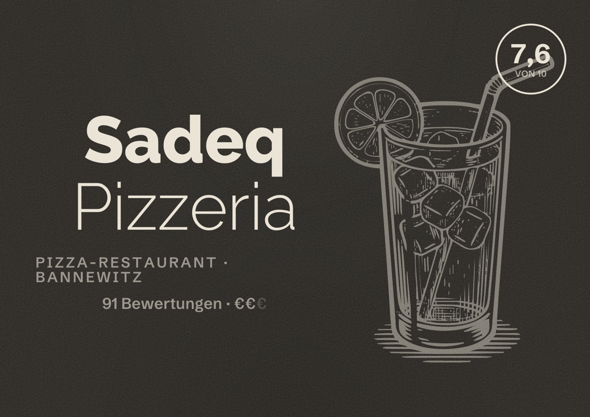 Illustriertes Poster von Sadeq Pizzeria, Pizza-Restaurant in Bannewitz: Bewertung 7,6 von 10 aus 91 Bewertungen, Preisniveau €€