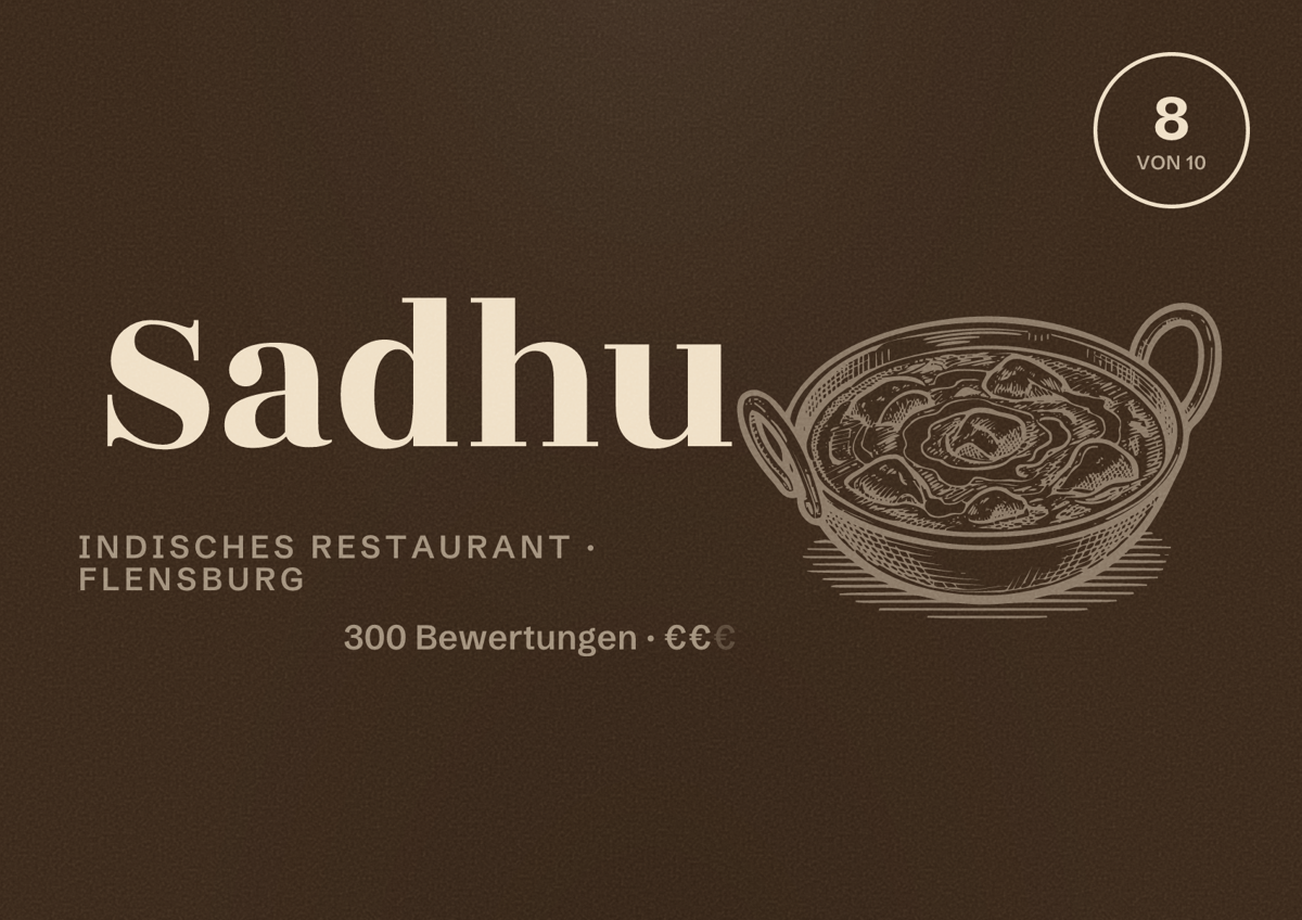 Illustriertes Poster von Sadhu, Indisches Restaurant in Flensburg: Bewertung 8 von 10 aus 300 Bewertungen, Preisniveau €€