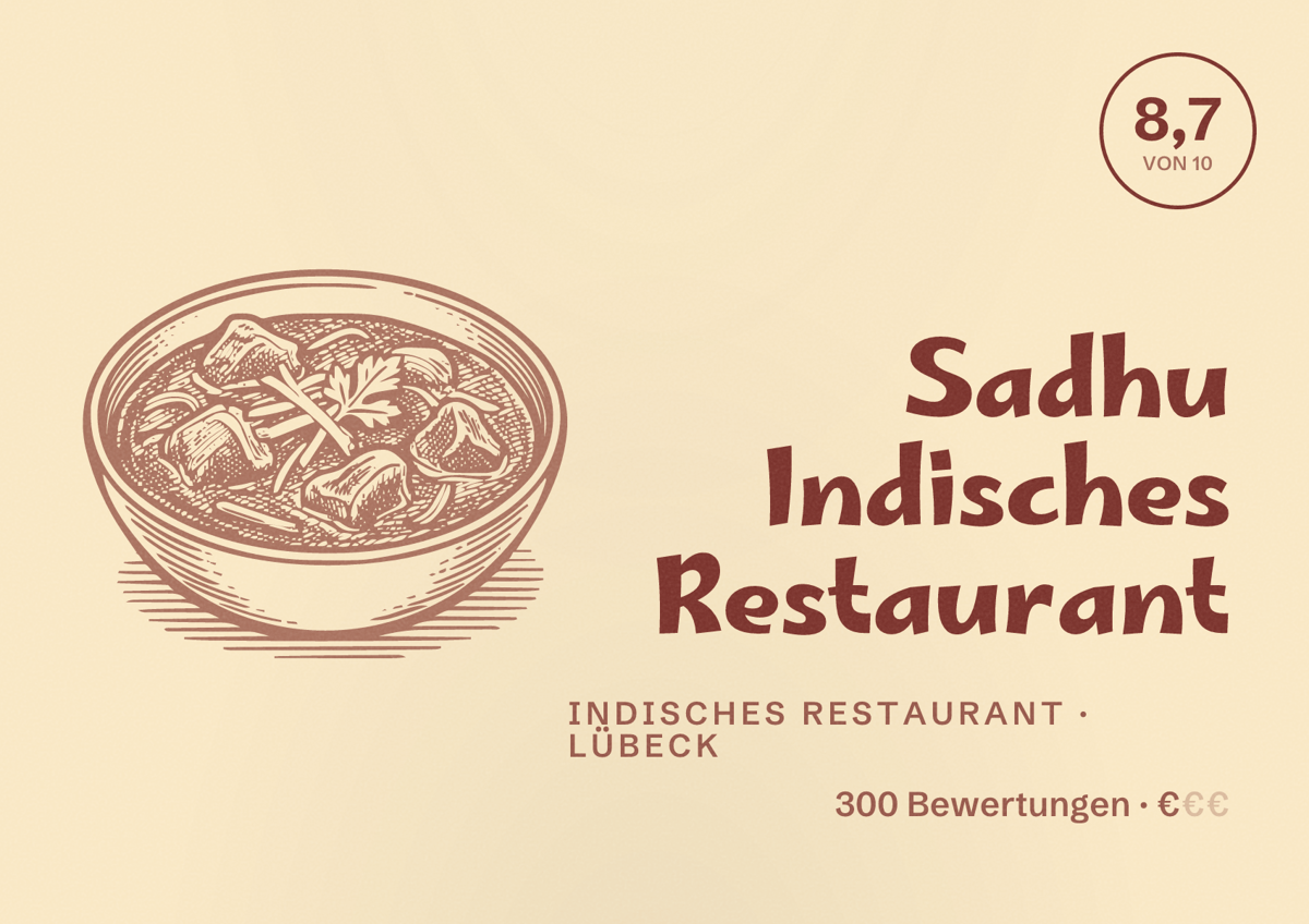 Illustriertes Poster von Sadhu Indisches Restaurant, Indisches Restaurant in Lübeck: Bewertung 8,7 von 10 aus 300 Bewertungen, Preisniveau €