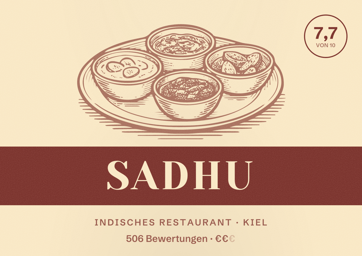 Illustriertes Poster von Sadhu, Indisches Restaurant in Kiel: Bewertung 7,7 von 10 aus 506 Bewertungen, Preisniveau €€