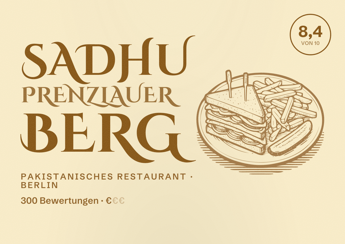 Illustriertes Poster von Sadhu Prenzlauer Berg, Pakistanisches Restaurant in Berlin: Bewertung 8,4 von 10 aus 300 Bewertungen, Preisniveau €