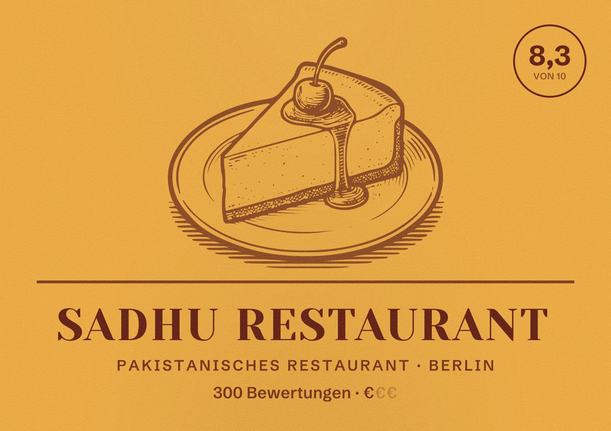 Illustriertes Poster von Sadhu Restaurant, Pakistanisches Restaurant in Berlin: Bewertung 8,3 von 10 aus 300 Bewertungen, Preisniveau €