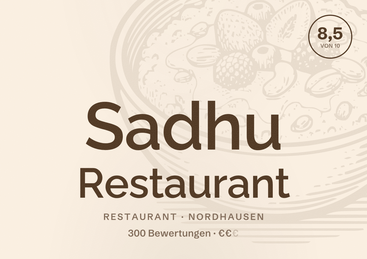 Illustriertes Poster von Sadhu Restaurant, Restaurant in Nordhausen: Bewertung 8,5 von 10 aus 300 Bewertungen, Preisniveau €€