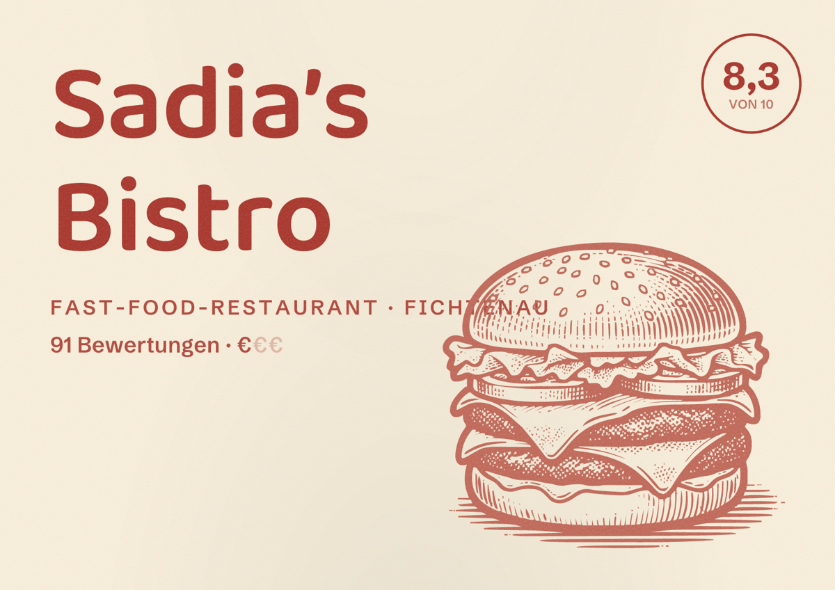 Illustriertes Poster von Sadia’s Bistro, Fast-Food-Restaurant in Fichtenau: Bewertung 8,3 von 10 aus 91 Bewertungen, Preisniveau €