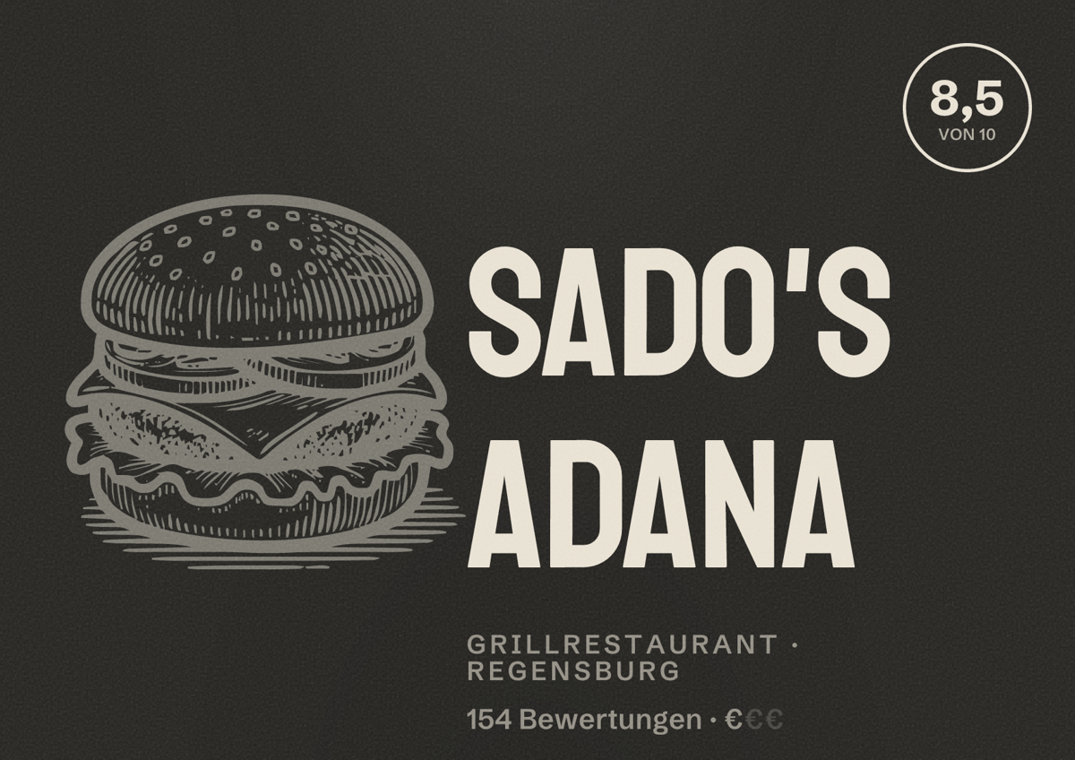 Illustriertes Poster von Sado's Adana, Grillrestaurant in Regensburg: Bewertung 8,5 von 10 aus 154 Bewertungen, Preisniveau €