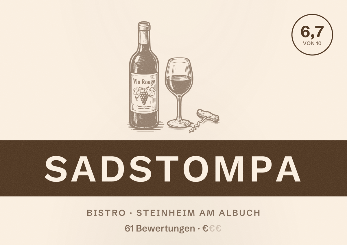 Illustriertes Poster von Sadstompa, Bistro in Steinheim am Albuch: Bewertung 6,7 von 10 aus 61 Bewertungen, Preisniveau €