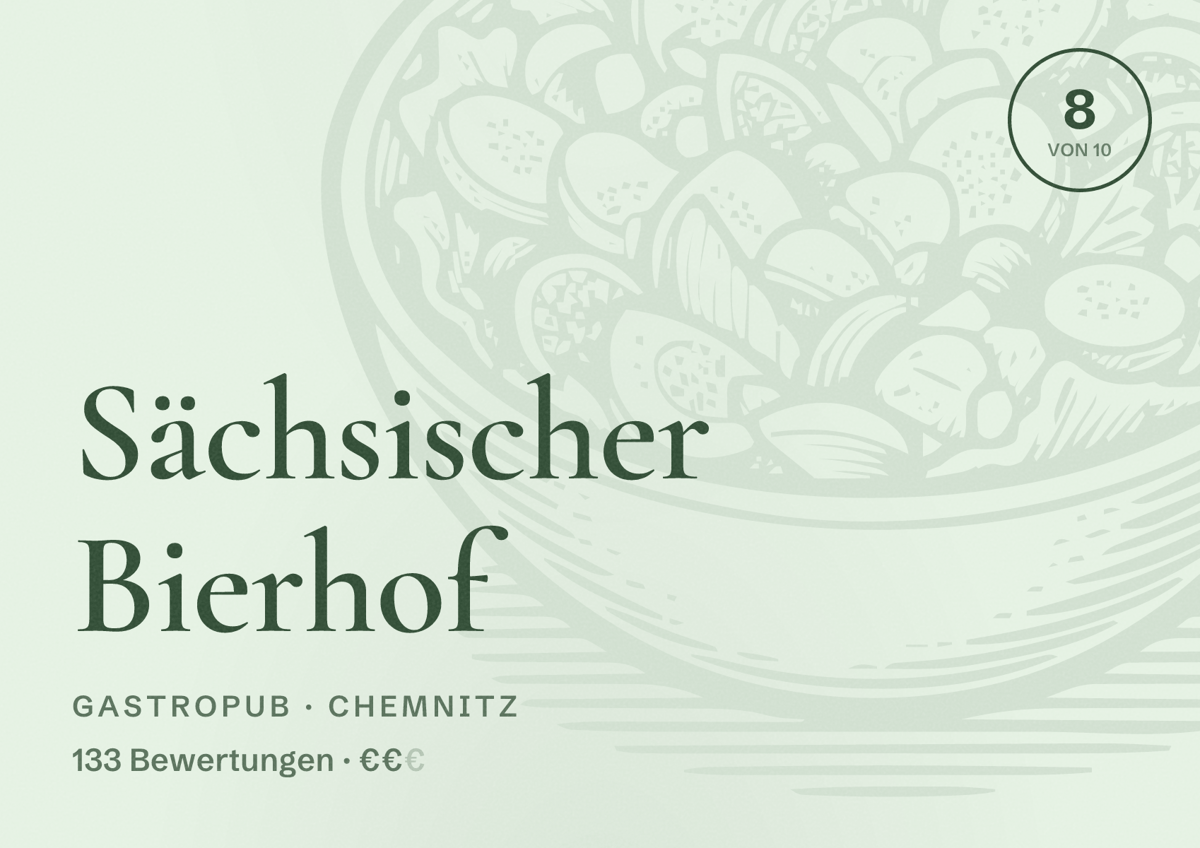 Illustriertes Poster von Sächsischer Bierhof, Gastropub in Chemnitz: Bewertung 8 von 10 aus 133 Bewertungen, Preisniveau €€