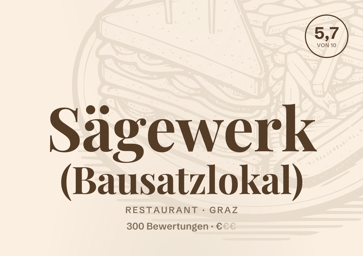 Illustriertes Poster von Sägewerk (Bausatzlokal), Restaurant in Graz: Bewertung 5,7 von 10 aus 300 Bewertungen, Preisniveau €