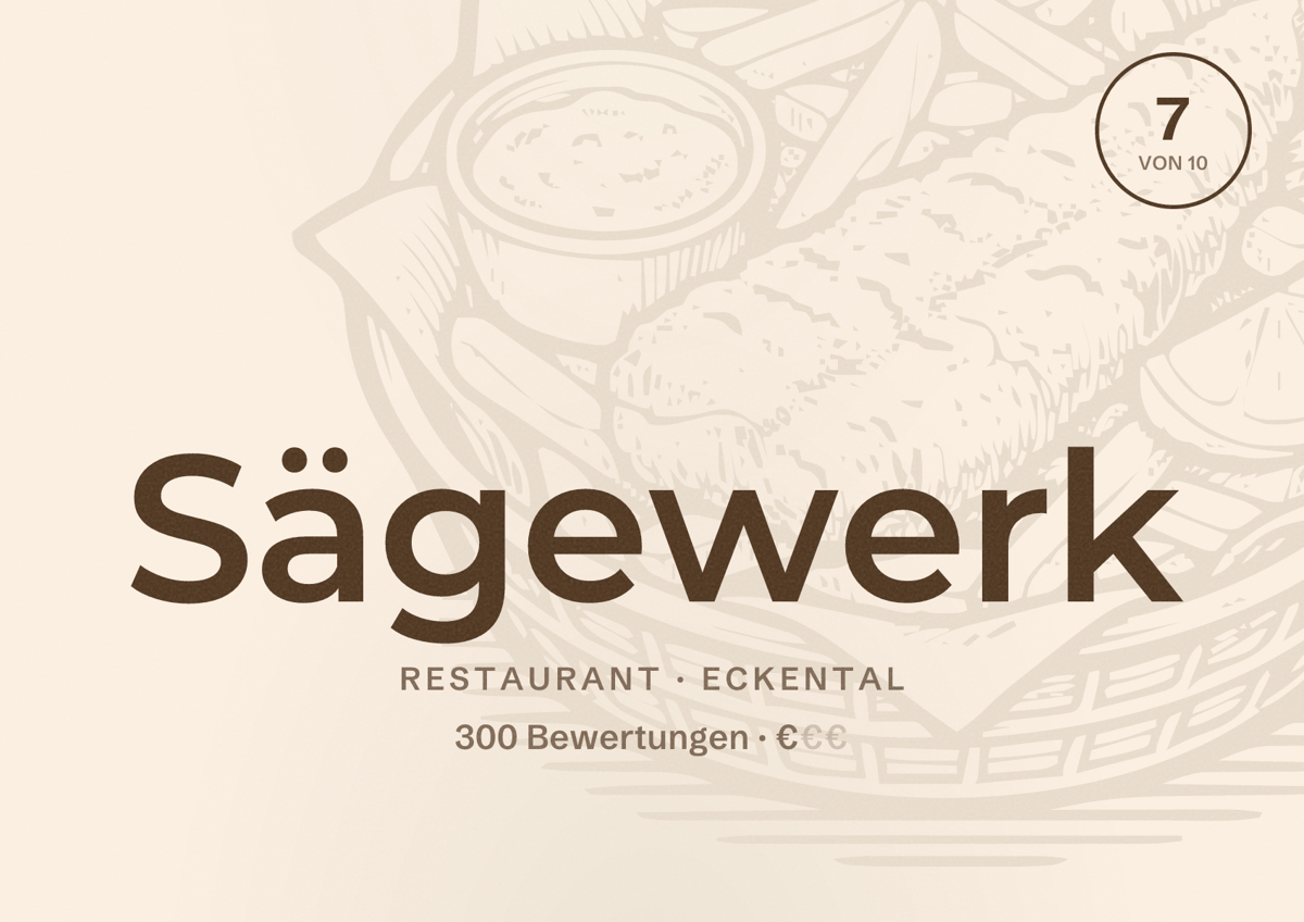 Illustriertes Poster von Sägewerk, Restaurant in Eckental: Bewertung 7 von 10 aus 300 Bewertungen, Preisniveau €