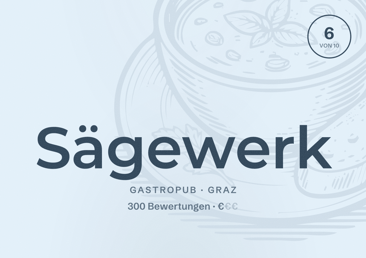 Illustriertes Poster von Sägewerk, Gastropub in Graz: Bewertung 6 von 10 aus 300 Bewertungen, Preisniveau €
