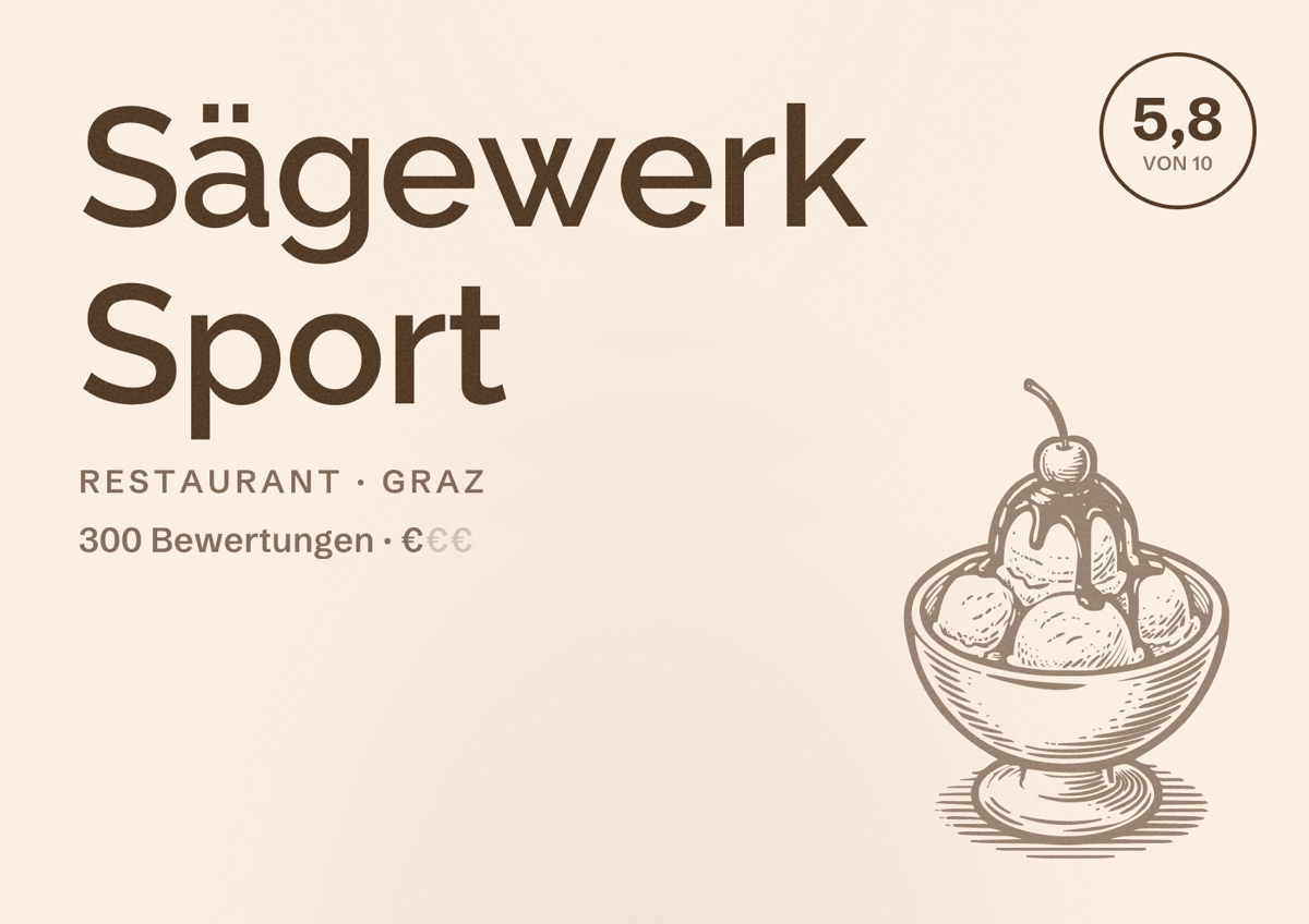 Illustriertes Poster von Sägewerk Sport, Restaurant in Graz: Bewertung 5,8 von 10 aus 300 Bewertungen, Preisniveau €